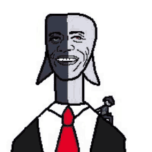 a pixel art drawing of a man in a suit and tie with a man sitting on his shoulders .