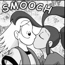 a black and white cartoon of a man and woman kissing with smooch written in the corner