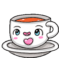 a cartoon drawing of a cup of tea with a face and a heart in its mouth