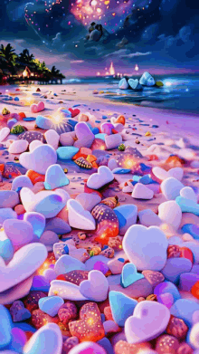 a painting of a beach filled with hearts shaped rocks