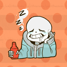 a cartoon drawing of a skeleton holding a ketchup bottle and sleeping