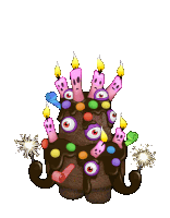 a cartoon drawing of a birthday cake with candles