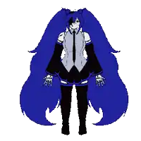a pixel art drawing of a girl with blue hair and black clothes