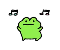 a green frog is dancing with two music notes above its head .