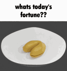 a fortune cookie on a white plate with the words " whats today 's fortune " above it