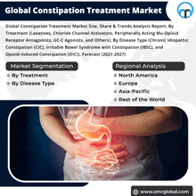 an advertisement for global constipation treatment market with a picture of a person holding their stomach