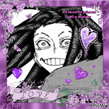 a black and white drawing of a girl with dreadlocks and purple flowers
