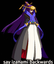 a pixel art drawing of a woman with the words say izanami backwards below her