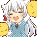 a cartoon girl with white hair and a cat ear is holding a yellow balloon .