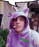 a man in a unicorn costume is smoking a cigarette and has kryptonite written on his chest