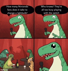 a cartoon of three dinosaurs talking to each other