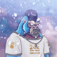 a gorilla wearing a 24k gorilla club shirt is standing in the snow