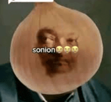 a man 's face is hidden behind an onion with skulls on it .