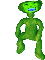 a green stuffed animal with a green face and blue teeth on a white background