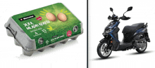 a box of eggs next to a scooter with the word mercator on it