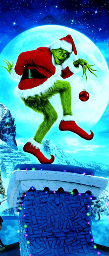 a grinch is holding a christmas ornament and jumping off a chimney