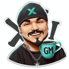 a cartoon of a man holding a cup with the letter gm on it