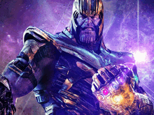 thanos is holding a purple infinity gauntlet