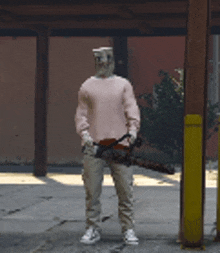 a man wearing a paper bag on his head holding a chainsaw