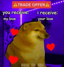 a picture of a dog with hearts around it and the words trade offer on top