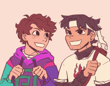 a drawing of two boys standing next to each other and smiling