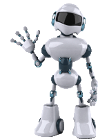 a white robot with a helmet and headphones waves his hand