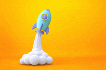 a blue and purple rocket is taking off from a yellow background