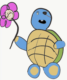 a cartoon turtle holding a pink flower