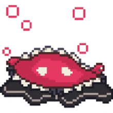 a pixel art illustration of a red fish with white teeth .