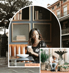 a woman sitting at a table with a cup of coffee and a picture of a man and child in new orleans la