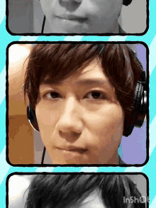 a man wearing headphones is shown in a collage of three photos