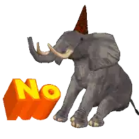 an elephant wearing a party hat is standing next to an orange no sign
