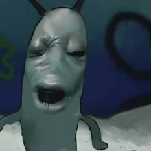a cartoon drawing of a shark with a face and horns making a funny face .
