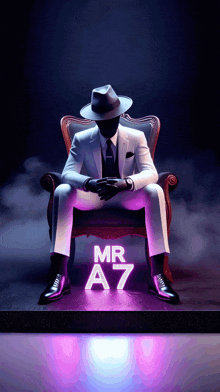 a man in a suit and hat is sitting in a chair with mr a7 written on a sign