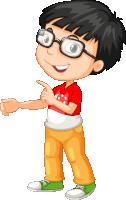 a cartoon boy wearing glasses and a red shirt is pointing at something