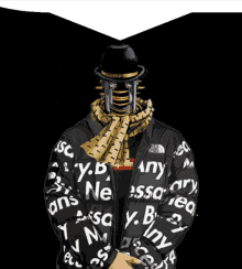 a man wearing a hat and scarf is wearing a jacket that says supreme