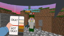 a person holding a card that says not okay in front of a minecraft character