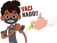 a cartoon of a boy wearing a piaget mask getting a vaccine