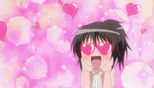 a girl with hearts in her eyes is surrounded by hearts