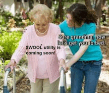 a woman is helping an elderly woman walk with a walker