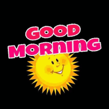 a cartoon sun with a smiling face and the words `` good morning '' on a black background .