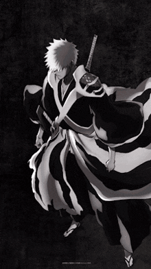 a black and white anime character with a sword in his hand