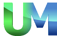 a green and blue letter u and m are displayed on a white background