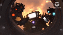 a group of robots are flying through a tunnel with a fire in the background .