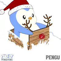 a penguin wearing a santa hat and reindeer antlers is in a wooden box with the word pengu on the bottom