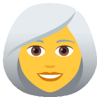 a woman with gray hair has a yellow face and brown eyes