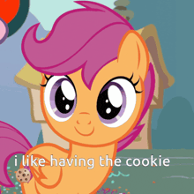 a cartoon of a pony with the words i like having the cookie below it