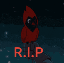 a red bird with a black face is sitting on a person 's hand with r.i.p in red letters