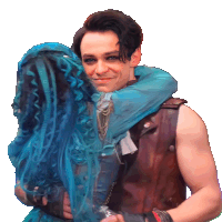 a man in a leather vest is hugging a woman in a blue wig