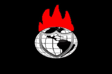 a globe with a shield and a red flame on top